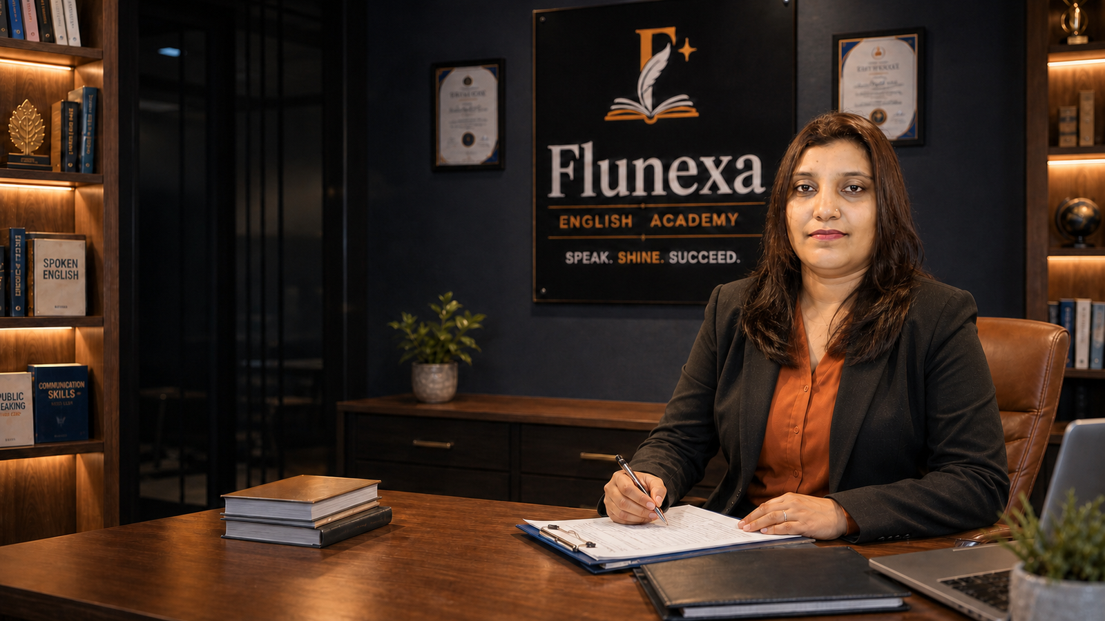 Founder Nagma Ansari conducting a professional communication assessment in the Flunexa office