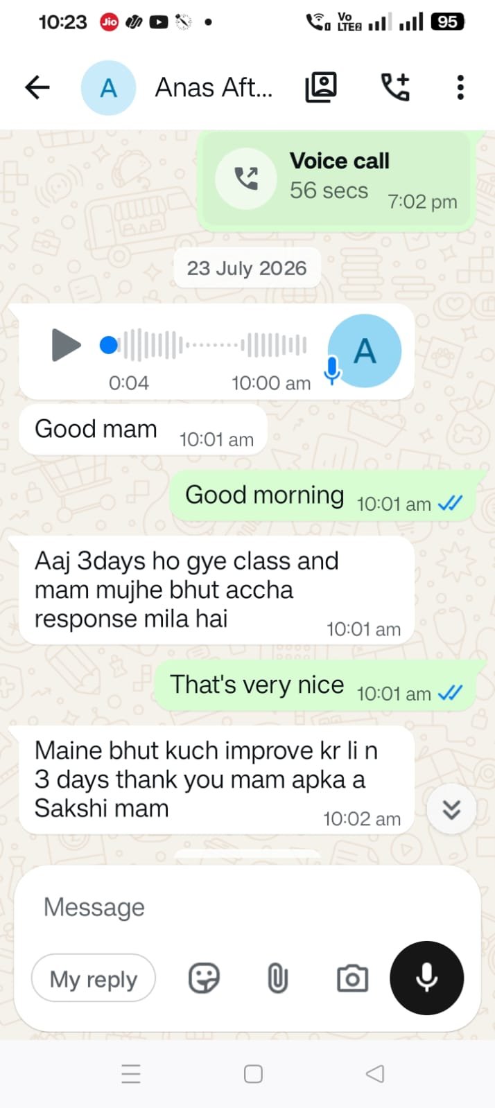 Different WhatsApp feedback screenshot from Anas Aftab describing early progress