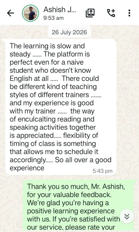 WhatsApp feedback screenshot from Ashish Jangid