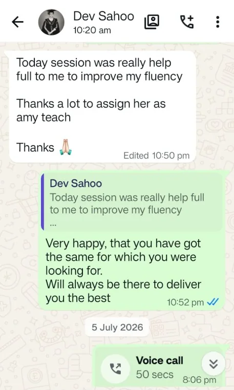 WhatsApp feedback screenshot from Dev Sahoo