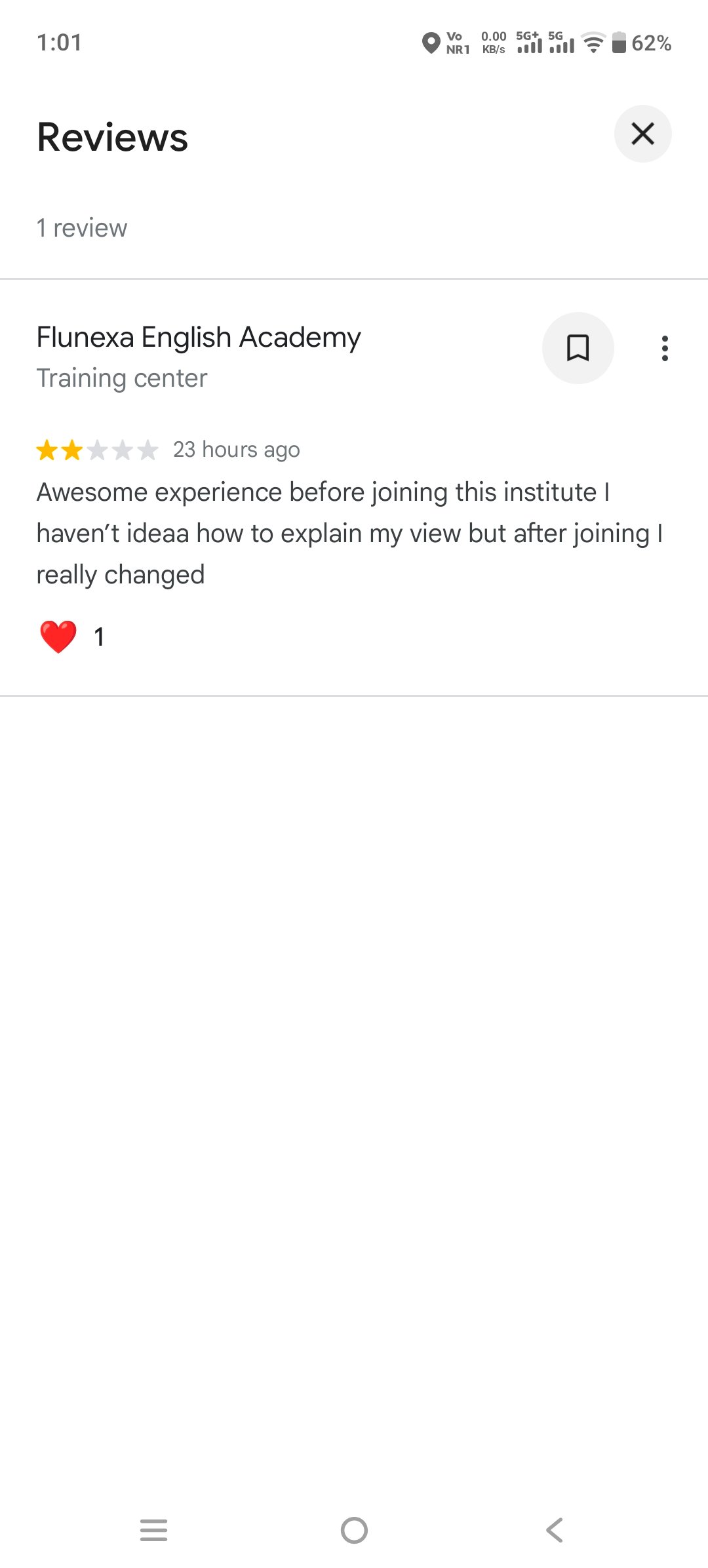 Google Review screenshot from a learner whose name is not visible