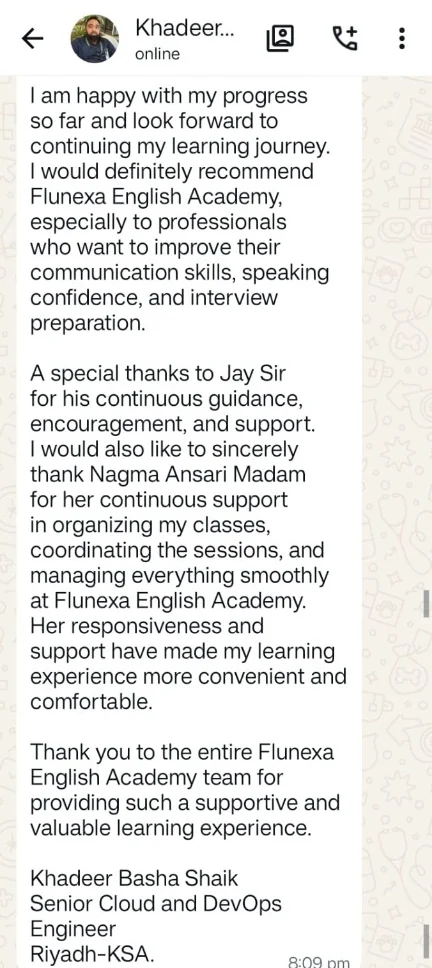 WhatsApp feedback screenshot from Khadeer Basha Shaik
